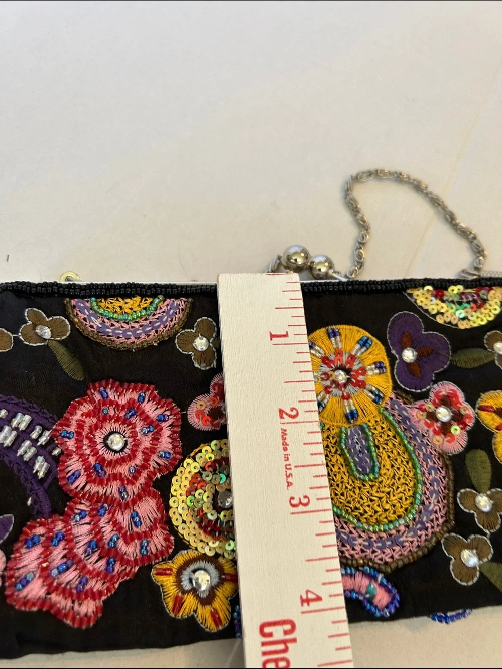 UNBRAIDED BLACK FLORAL EMBROIDERED WITH BEADS & SEQUINS & SLIVER CHAIN